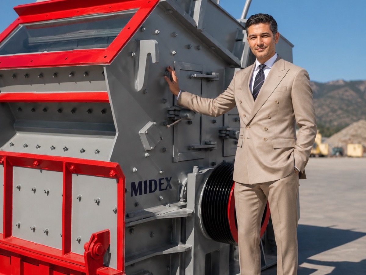Камол Мирзаев рядом с ударной дробилкой MIDEX